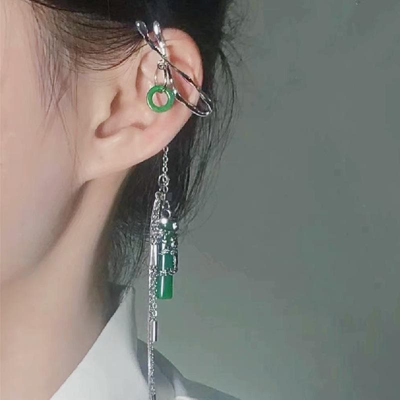 Vintage Chinese Style Artificial Jade Tassel Flower Ear Clip No Piercing Earring Trendy Punk Metal Ear Cuff Clip Earring