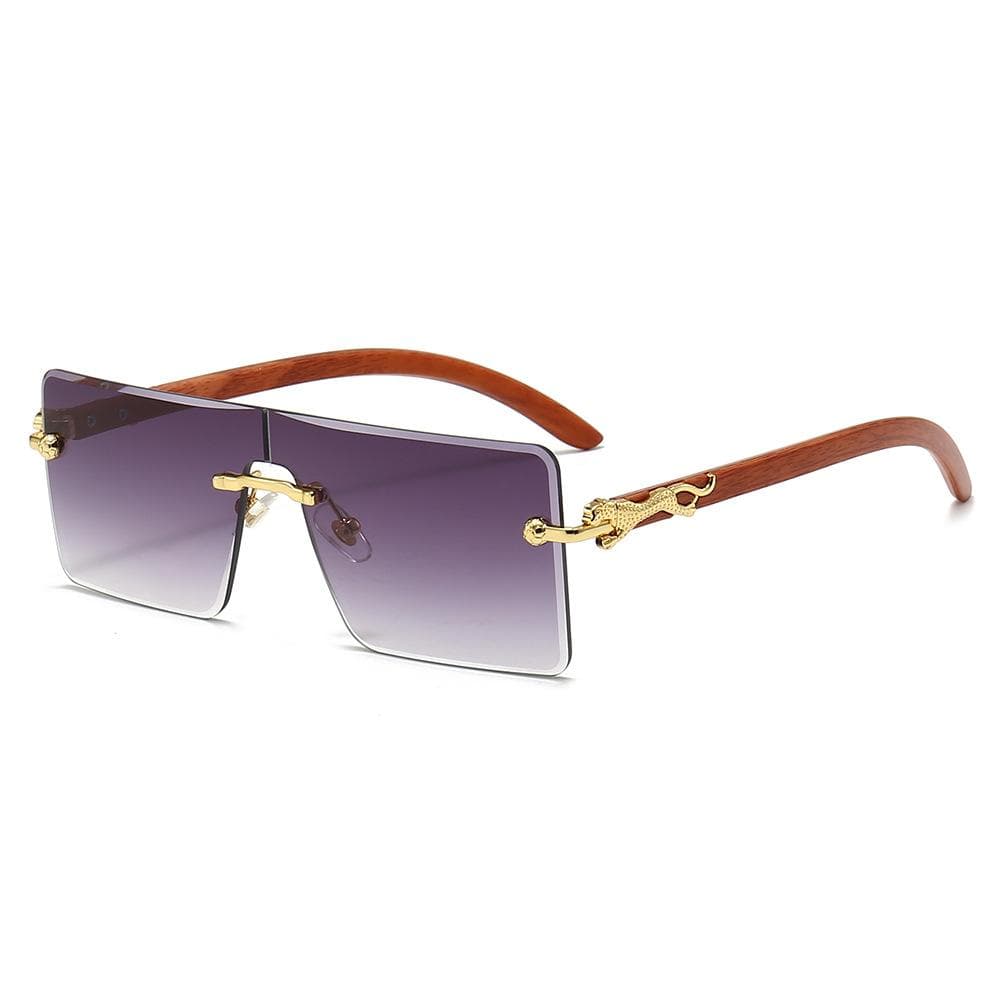 Retro Square Sunglasses Frameless Design Cheetah Wood Grain Legs Fashion Trend One-Piece Eyewear Other