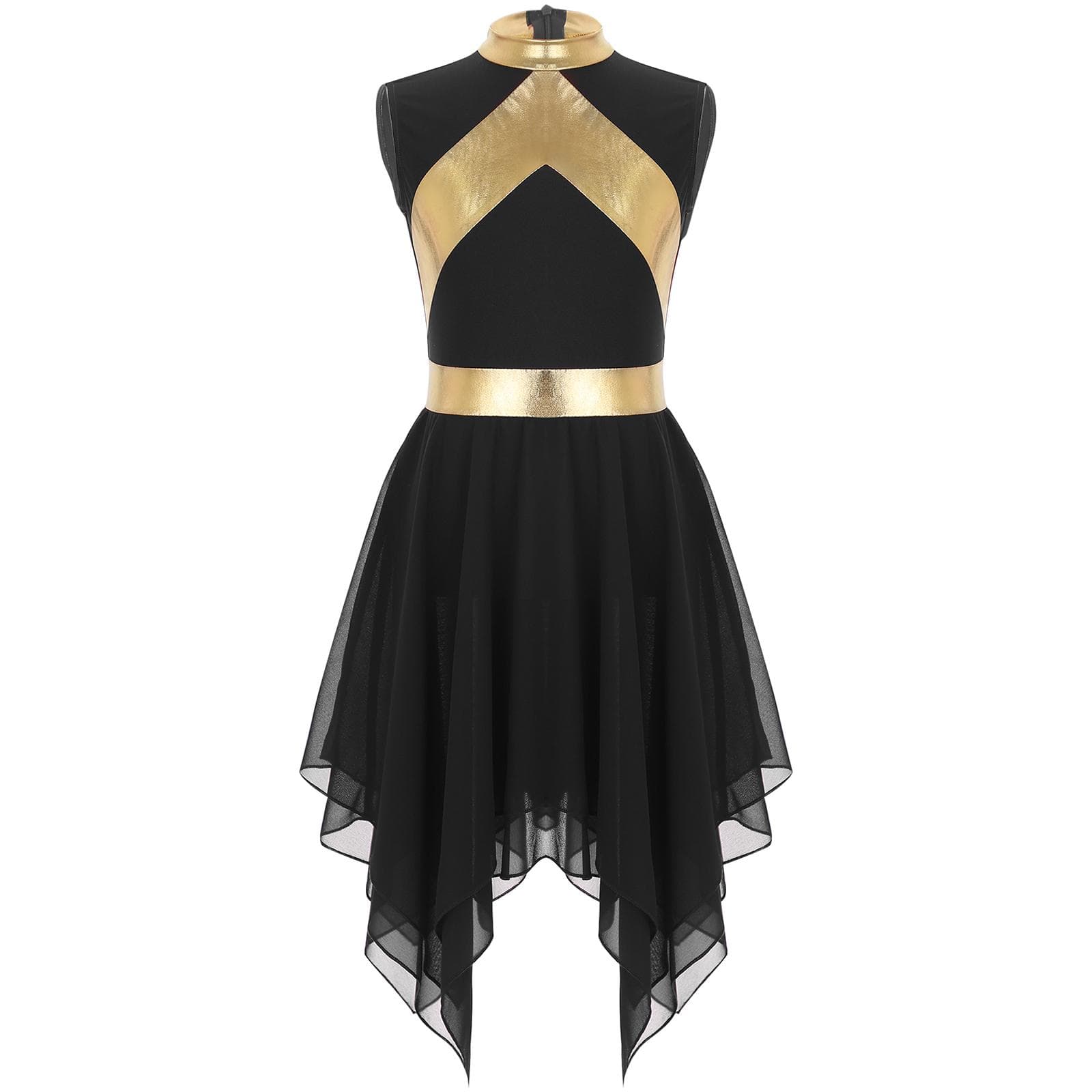 Kids Girls Modern Liturgical Dress Metallic Fabric Sleeveless Asymmetrical Dance Gown 15-16 Years black
