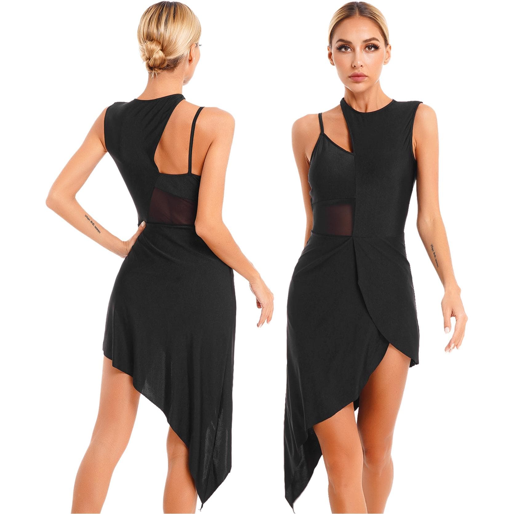Women's Figure Ice Skating Dress Mesh Overlay Built-in Leotard Asymmetrical Tulle Dance Costume XL black
