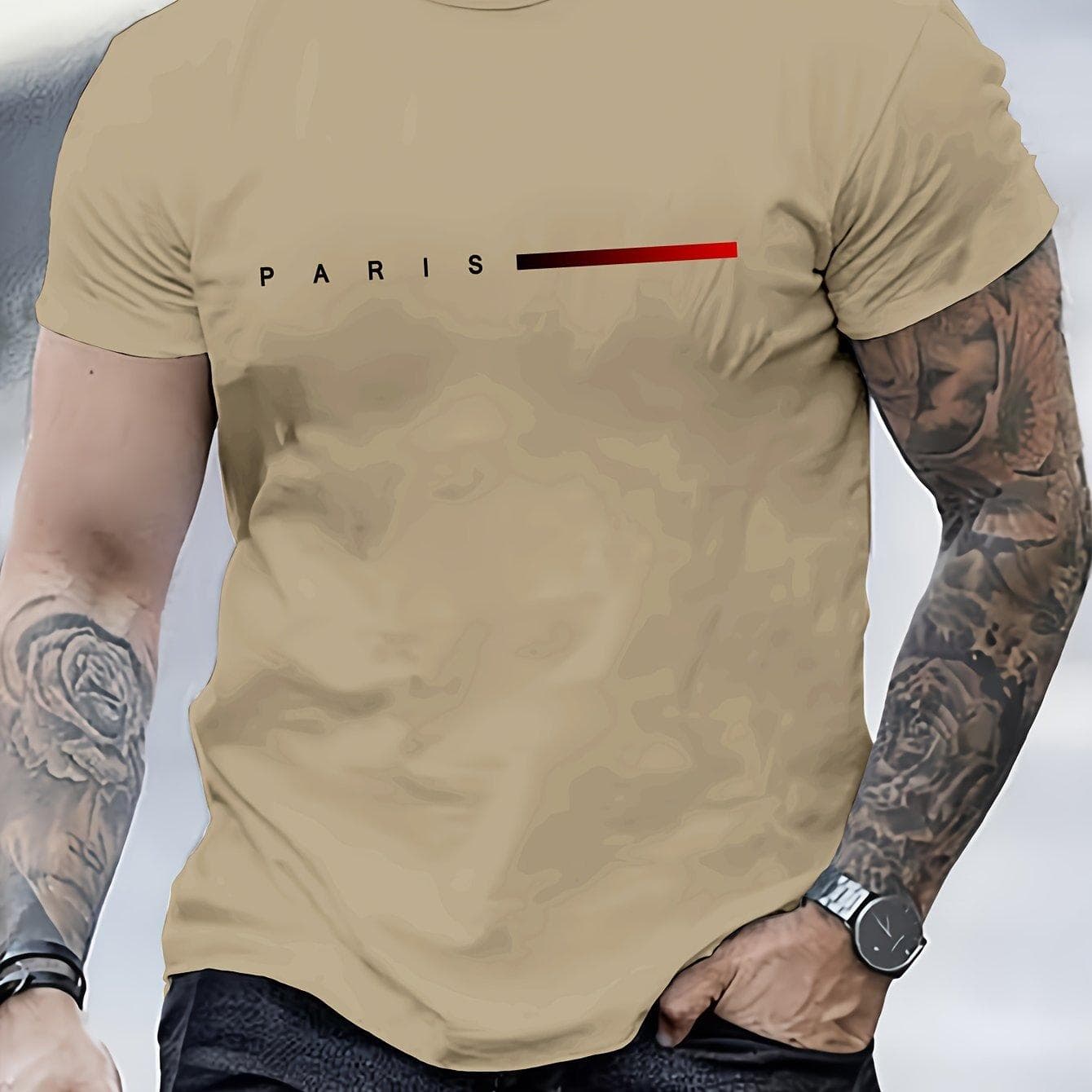 Men's 100% cotton summer loose PARIS Creative Letter print casual slim fit round neck short sleeved T-shirt top M