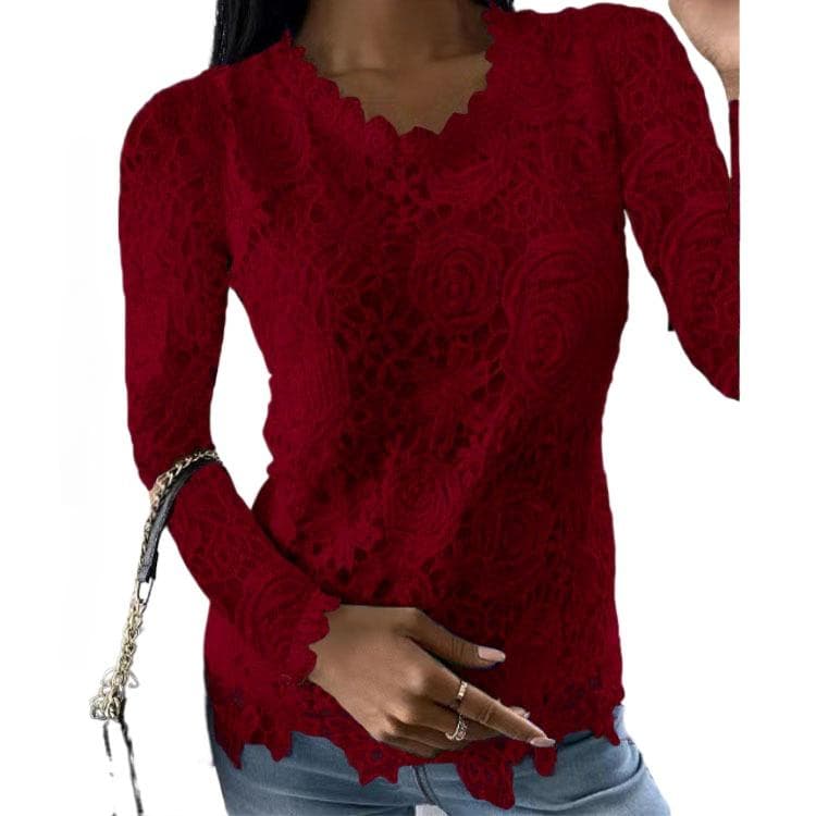 GMXIA Women's Fashion Casual Summer Solid Color Print Long Sleeve O-Neck Blouses & Shirts XXL burgundy