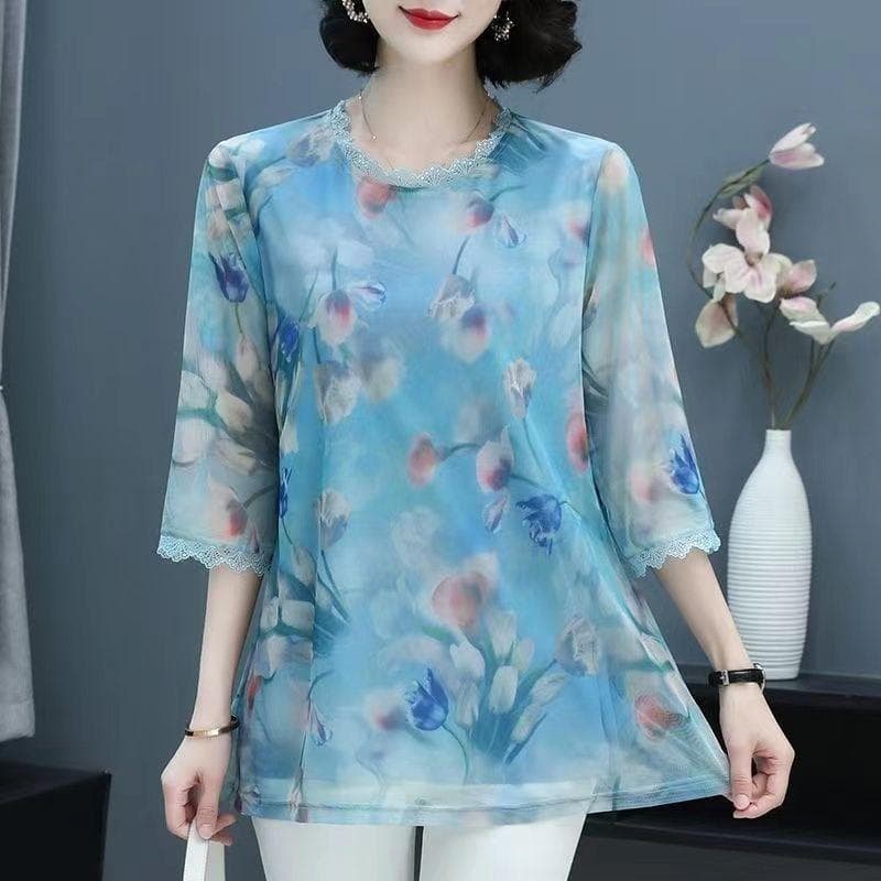 Spring and Summer Women Chiffon Shirt, Fashionable Ageing Thin To Cover The Stomach Gauze Mesh Thin Section Blouse, New Ladies Shirt 5XL recommended 160-90kg