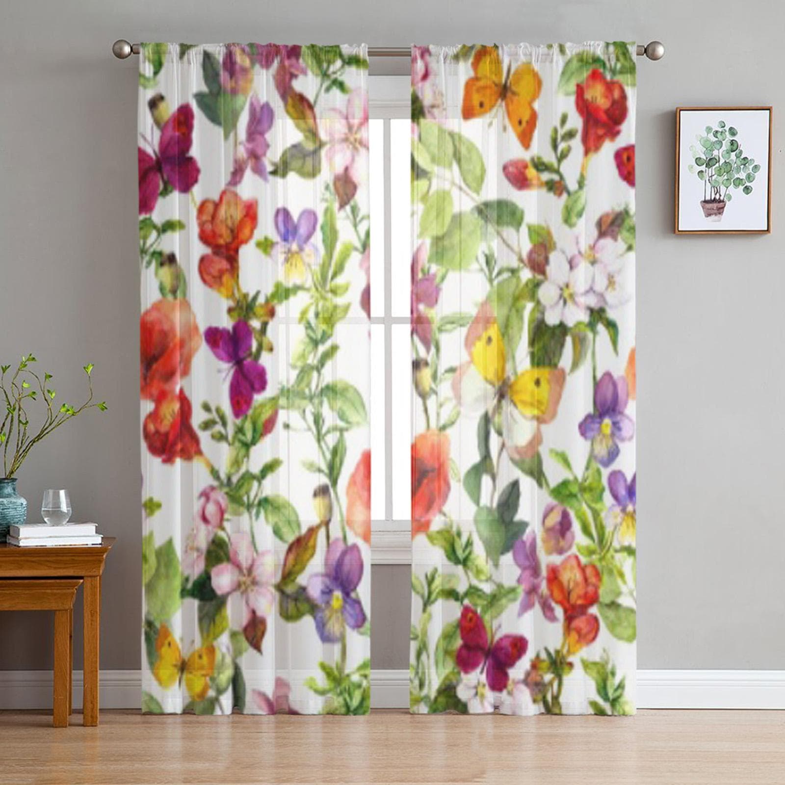 Flowers Wild Herbs And Butterflies Tulle Curtains For Living Room Sheer Curtain Bedroom Veil Organza Decorative Drapes 135W x 114H(cm)