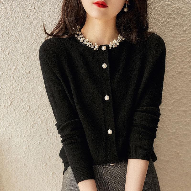New Autumn Korean Version of Heavy Industry Beaded Knitted Cardigan In Style and Slim Solid Color Long-sleeved Top for Women S black