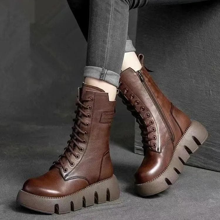 Fashion Women's Leather Boots High Top Casual Cotton Boot Plush Warm Winter Boots for Women Non Slip Platform Boots Botas Mujer 39 brown