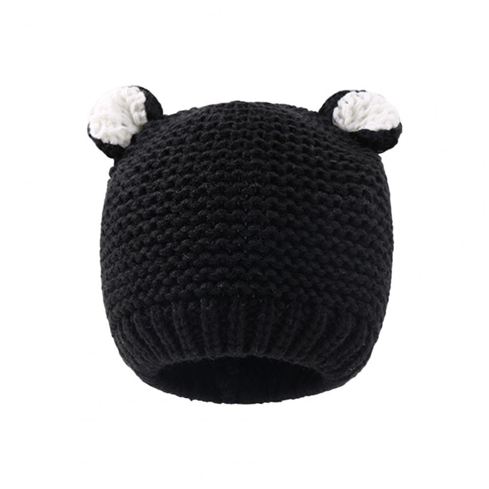 Autumn Winter Children Hat Cartoon Bear Ear Solid Color Knitted Beanie Windproof Warm Elastic Kid Oversized Beanie Hat One Size black