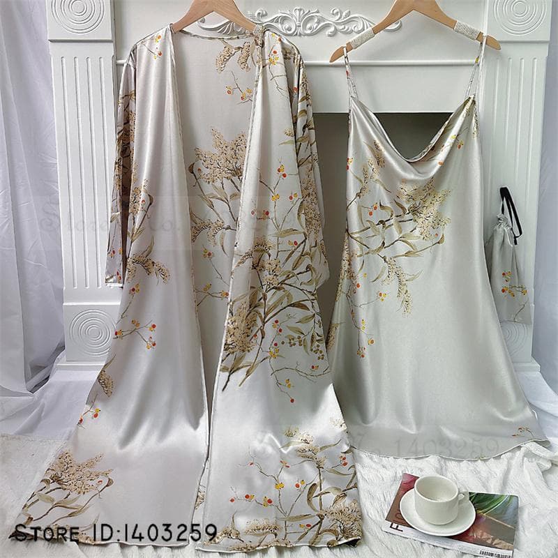 New Female 4PCS Pajamas Set Spring Summer Satin Sleepwear Intimate Lingerie Print Cherry Flower Nightgown Loose Home Clothes M