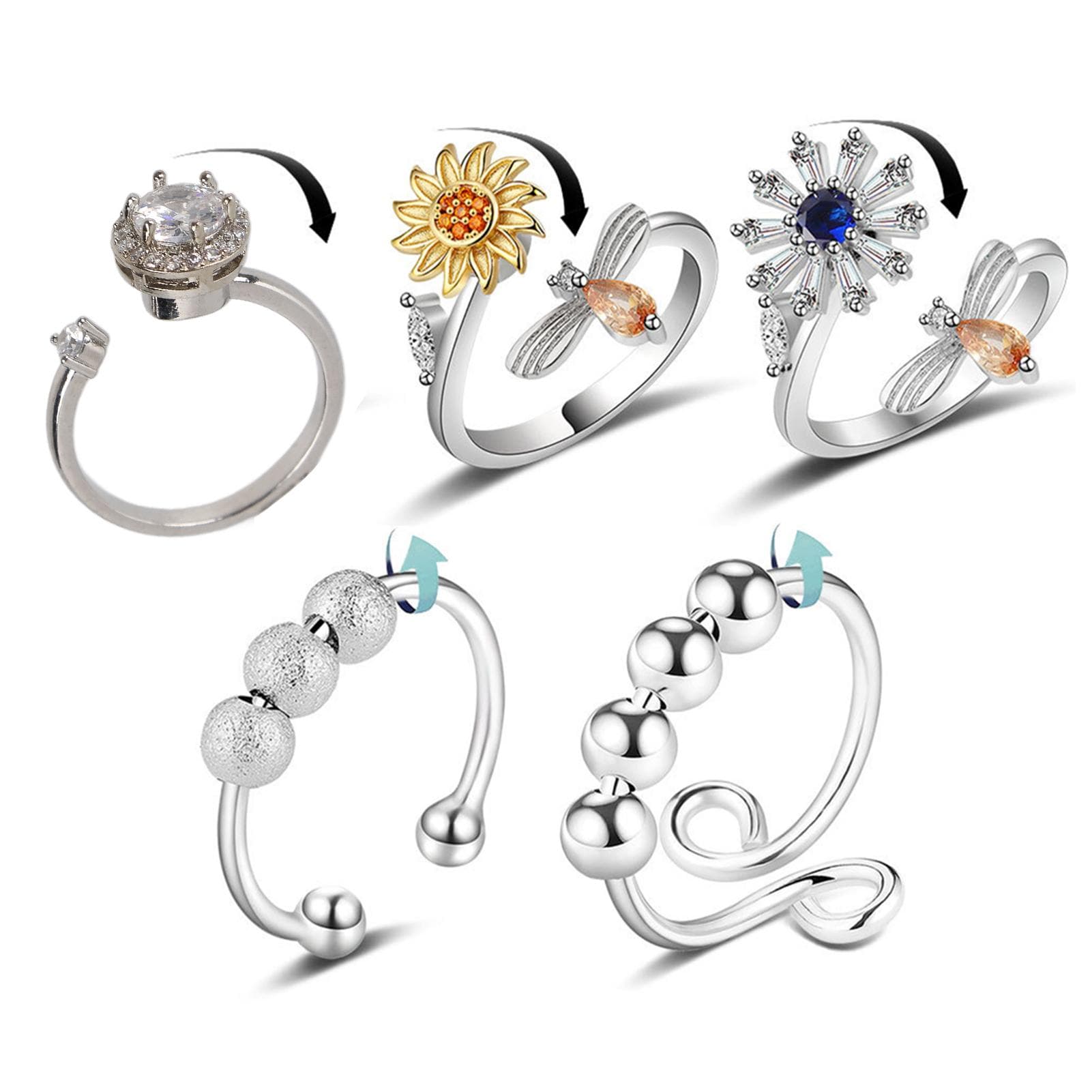 5 Pcs Rotating Rings for Women Adjustable Rings Flower Ring Bead Stress Relief Stackable Meditation