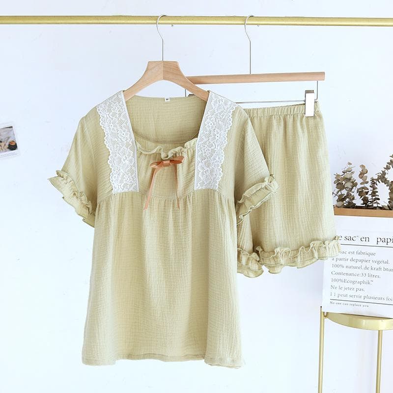 Summer New Women's Pajama Set 100% Cotton Crepe Sweet Lace Lace Short Sleeve Shorts Two Piece Home Set Women XL