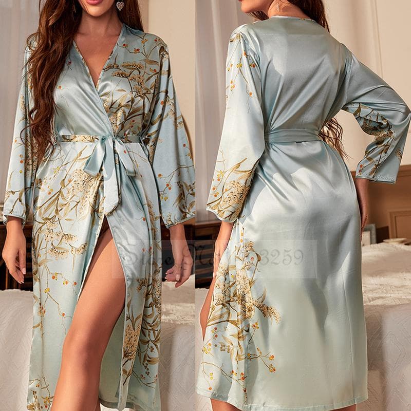 Black Print Flower Long Robe Nightgown Silk Satin Female Sleepwear Nightdress Spring Summer Loose Kimono Bathrobe Gown Home Wear XL