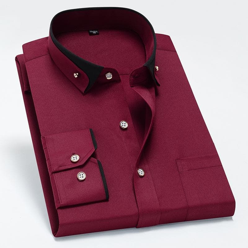 Spring Autumn Men's Contrast Collar Elastic Long Sleeve Shirt Business Leisure Comfortable Non Iron Shirt Youth Solid Color Top 44 wine red