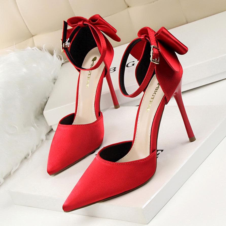 BIGTREE Sweet Lady Thin Heel 10cm High Heel Shallow Mouth Pointed Sandal with Bow Tie 34 red