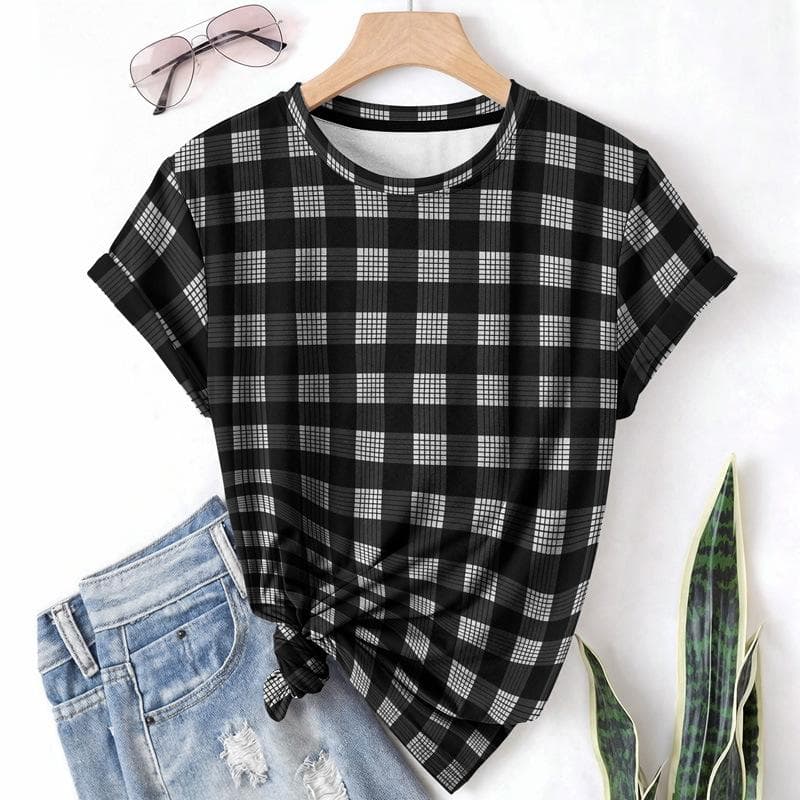 Striped Casual Sports Women's T-shirt Summer Round Neck Short Sleeved Element Pattern Checkered Loose Fit T-shirts 5XL