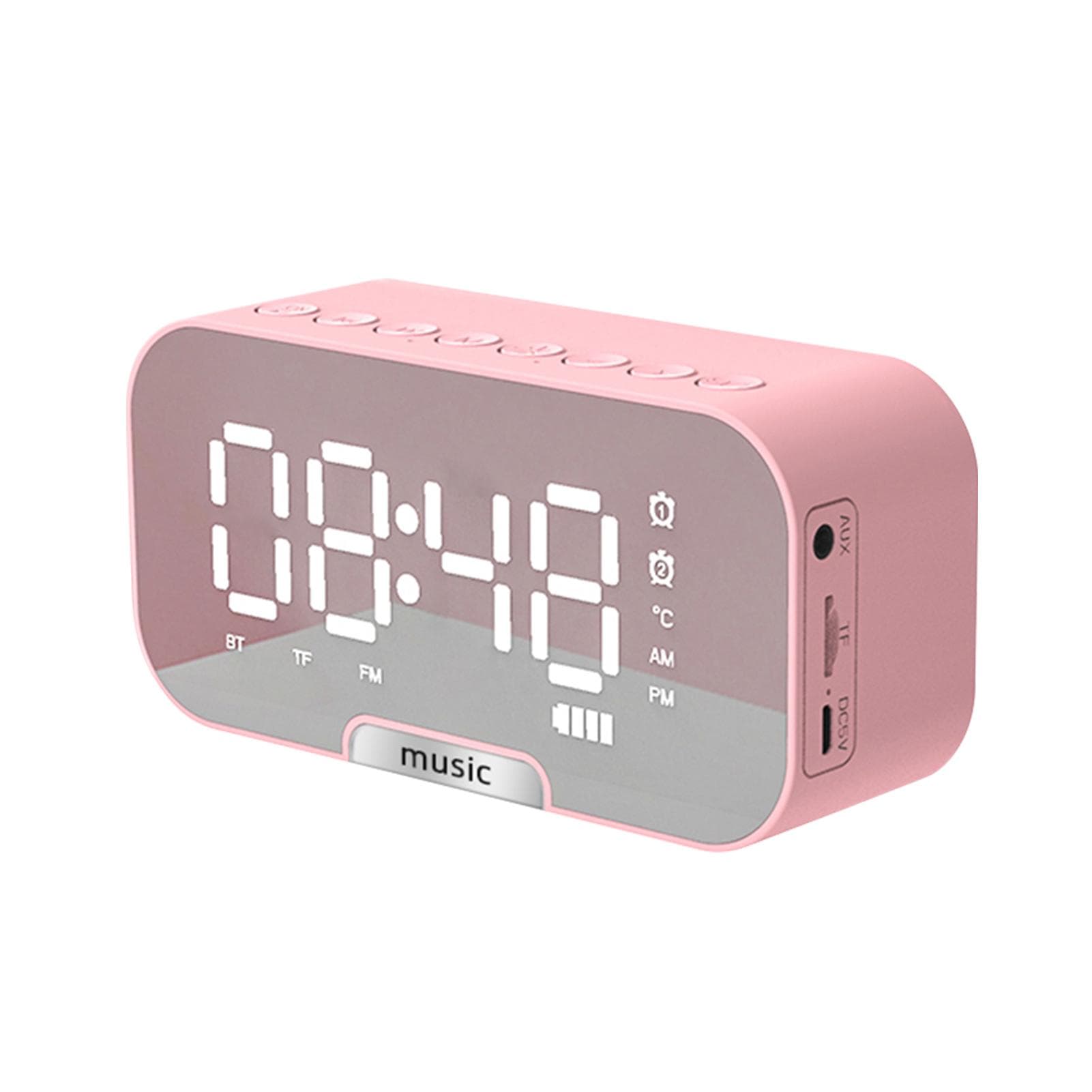 Digital Mirror Surface Alarm Clock with BT Speaker & FM Radio & Temperature Display Dual Alarms pink