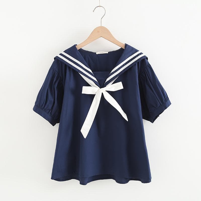 Summer Women Sailor Collar Shirts Pullover Short Sleeve Loose Blouses White Lady Tops one size Dark blue