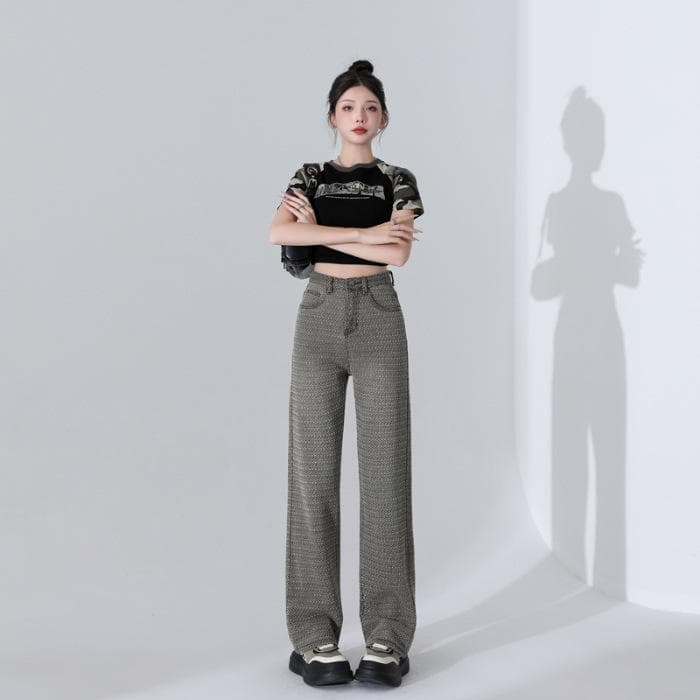 Summer Texture Gray Jacquard Texture Wide-leg American Floor Jeans Women Wide-leg Pants Women Spring 2XL