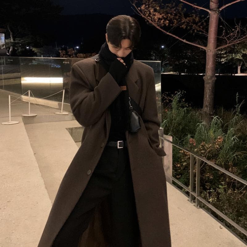 Woolen coat men's winter medium and long knee woolen trench coat thickened warm jacket L