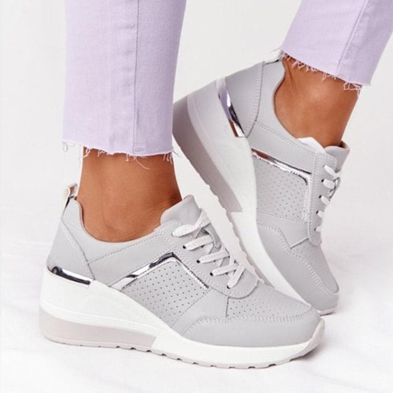Women Shoes Breathable Leather Lace-Up Sneakers Wedge Sports Shoes Women's Vulcanized Shoes Casual Platform Ladies Office Flat88 41 grey