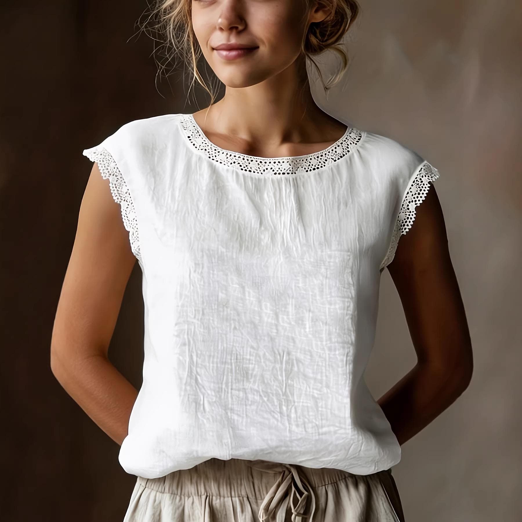 2026 Women's Retro Loose Linen Sleeveless Shirt with Lace Patchwork S white