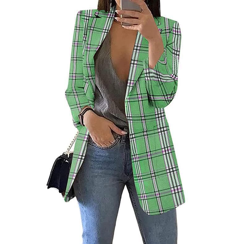Women's Spring and Autumn Checkered Casual Blazer Slim Lapel Commuter Jacket L green