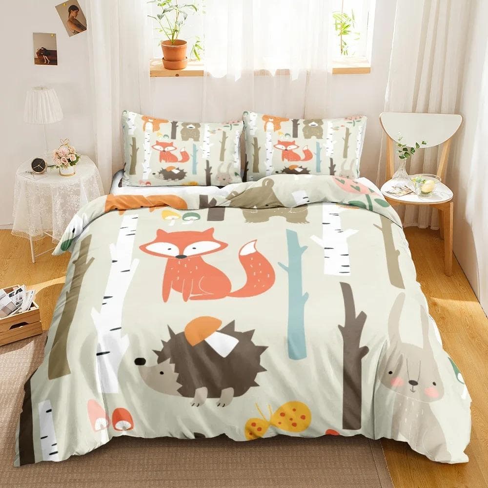 Cartoon Fox Bedding Set Cute Fox with Flower Feather Headband Duvet Cover Twin Full Queen King Polyester Duvet Cover Girls Boys EU Single 135x200cm