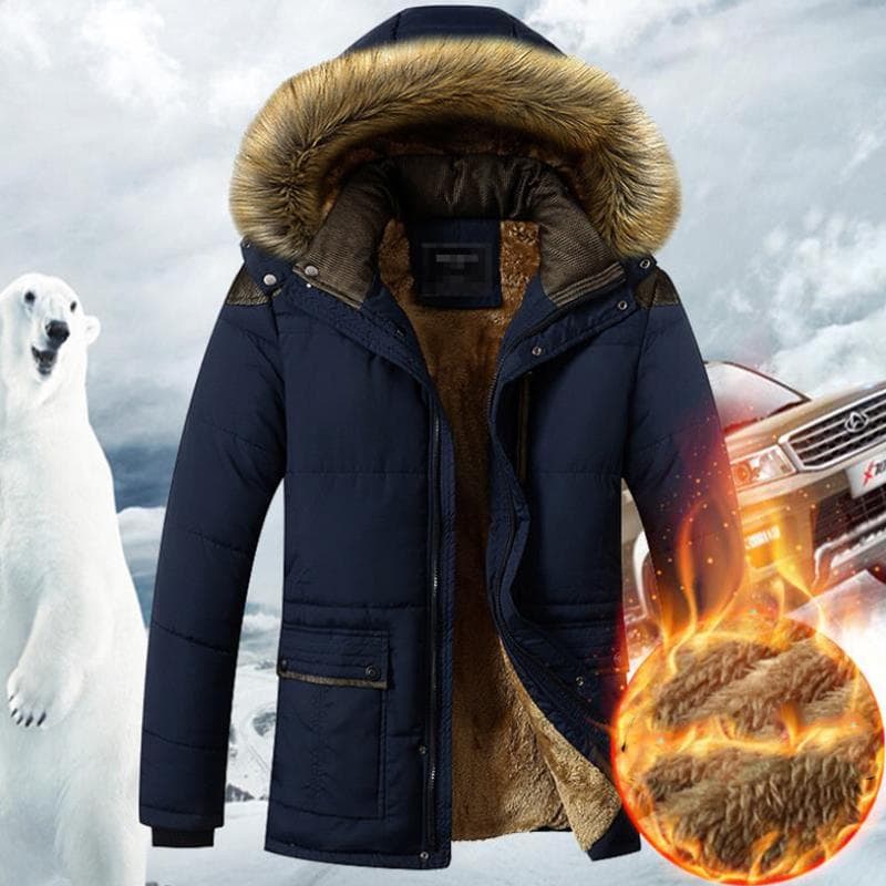 New Winter Fashion Men's Plus Fleece Hooded Jacket Jacket Plus Fleece Warm and Cold-proof Men's Padded Jacket L dark blue