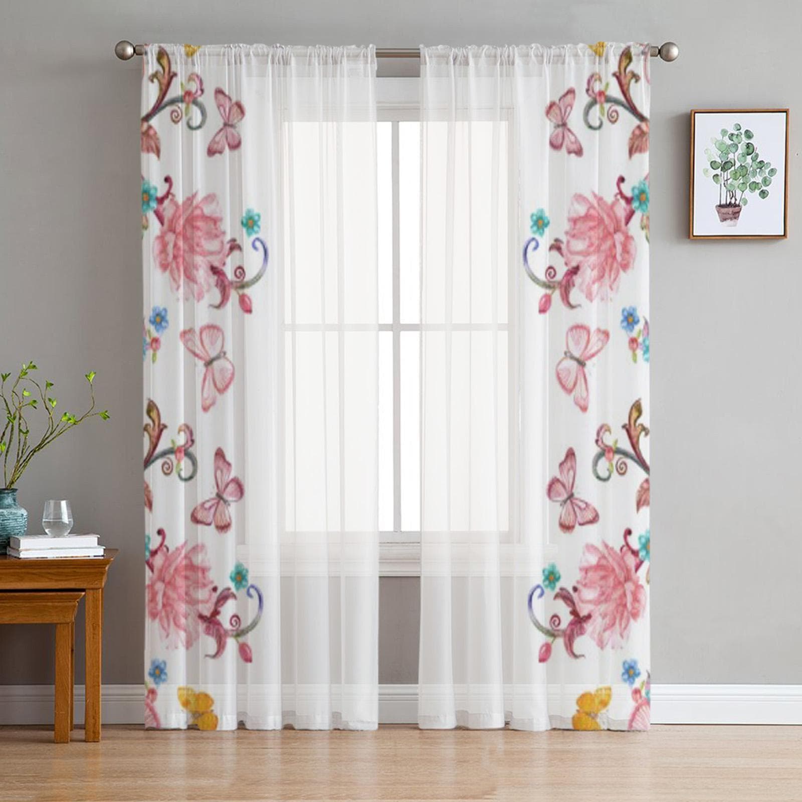 Floral Butterfly White Bay Window Screening Curtains Drape Panel Sheer Tulle For Living Room Bedroom Voile Organza Curtains 135W x 114H(cm)