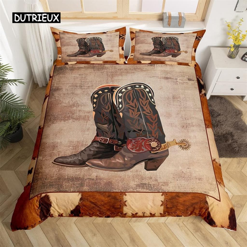 Exotic Farmhouse Western Cowboy Duvet Cover Set Twin King Floral Bedding Set Cowhide Patchwork Comforter Cover Bedroom Decor EU single(135x200cm)