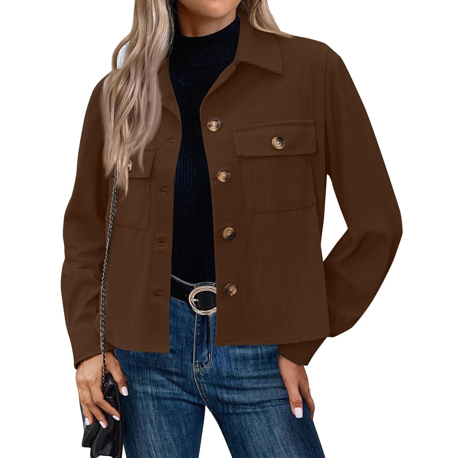 Women's Solid Color Casual Short Corduroy Button Jacket L brown
