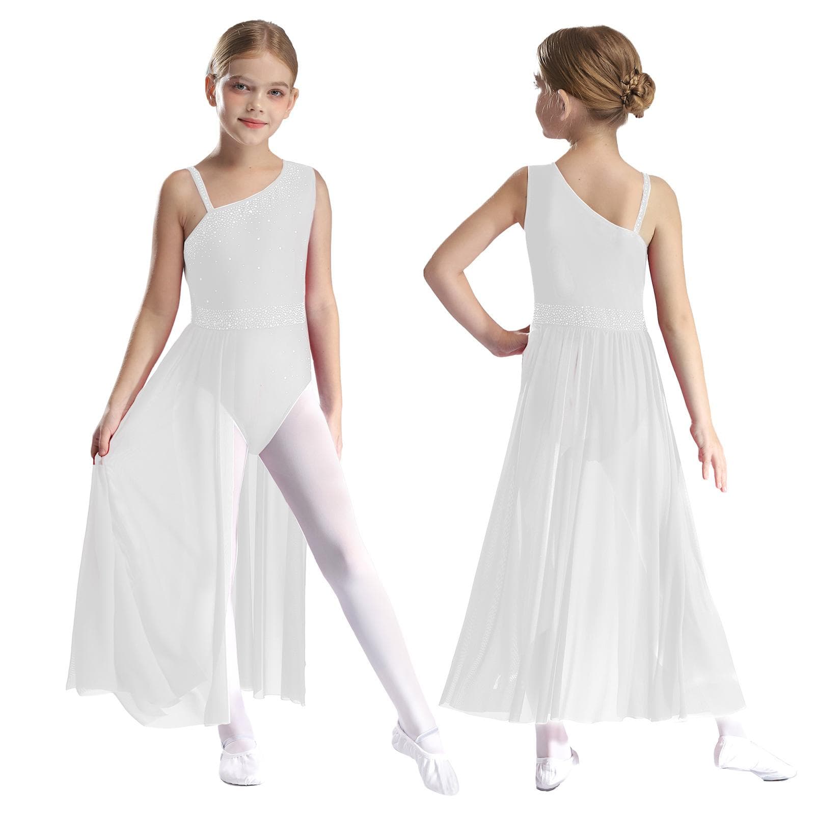 Kids Girls Ballet Lyrical Dance Dress Gymnastics Leotard with Skirt Sheer Mesh Figure Skating Modern Contemporary Dance Costume white