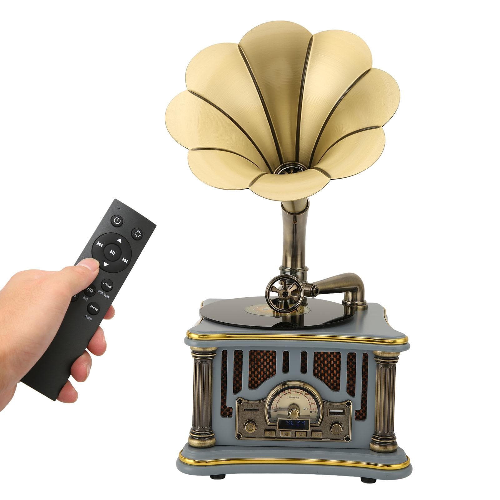 Mini Vintage Retro Gramophone High Power 20W Remote Control USB Rechargeable Bluetooth Gramophone US Plug