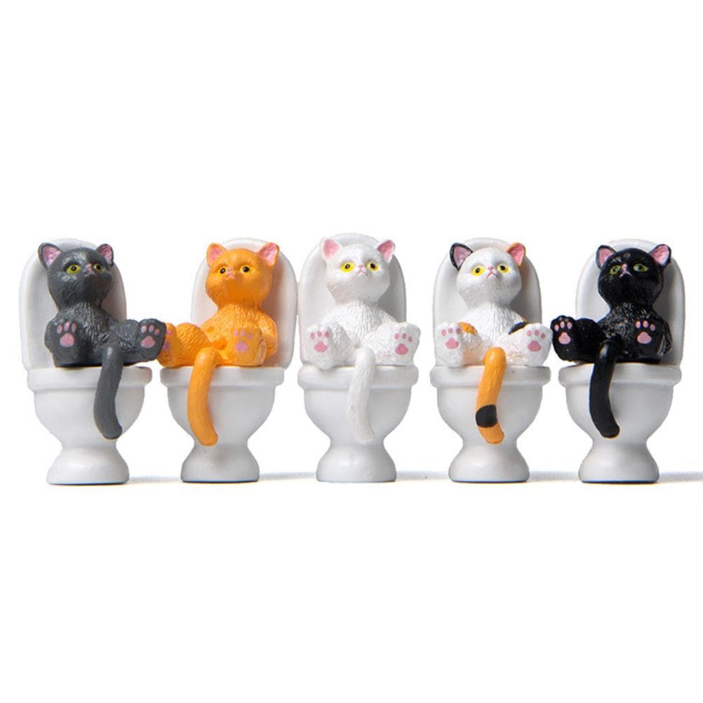 5Pcs Cat Sitting on Toilet Statues Mini Toilet Cat Figurines Desktop Ornaments Home Decor Cartoon