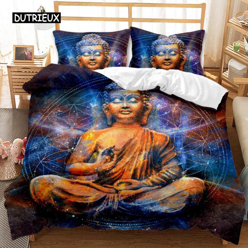 Buddha Duvet Cover Set King Size Golden Mandala Asian Culture Theme Bedding Set Microfiber Exotic Retro Style Comforter Cover AU King(245x210cm)