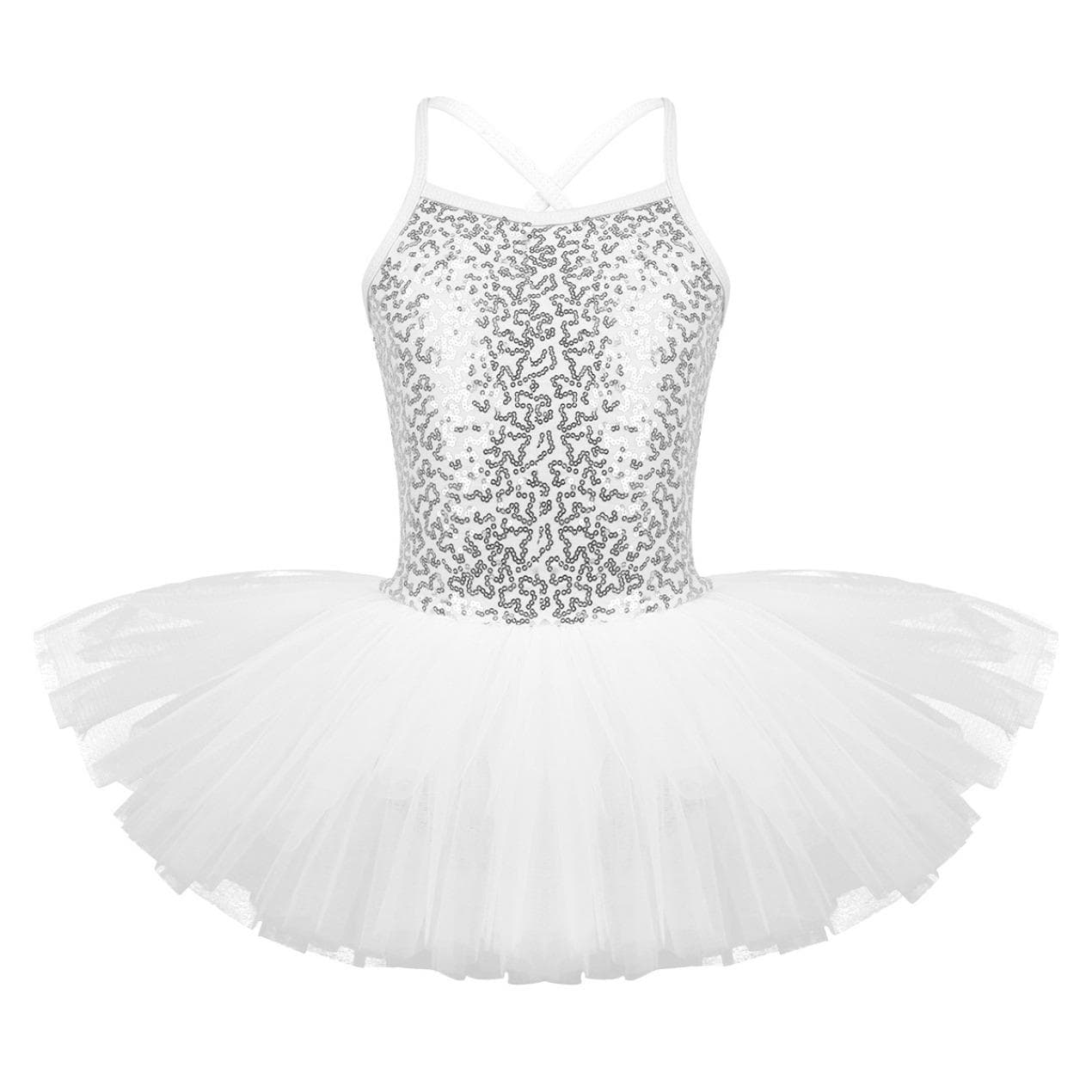 Kids Girls Sequined Camisole Ballet Tutu Dress Skirted Leotard Ballerina Glittering Dance Costumes 6-7 Years white