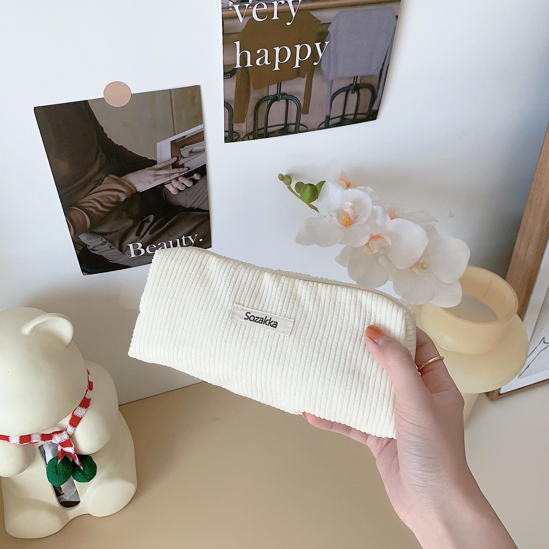 Retro Corduroy Pencil Case Travel Cosmetic Lipstick Stationery Storage Bag Women Makeup Handbags Organizer Pouch Pencilcase Bags milk white