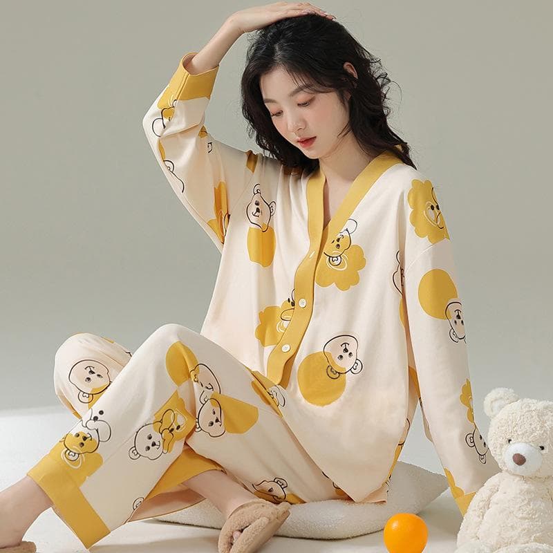 Women's Cardigan V-neck Long-sleeved Trousers Thin Printed Home Wear Set Breast Silk Pajamas Home Wear Set L yellow
