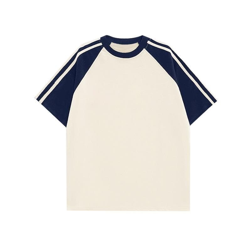 Solid-colorPure Cotton Textured CollaredShoulder Insertion, Contrasting Color Striped Short-sleeved T-shirts for Men and Women 2XL apricot/navy blue