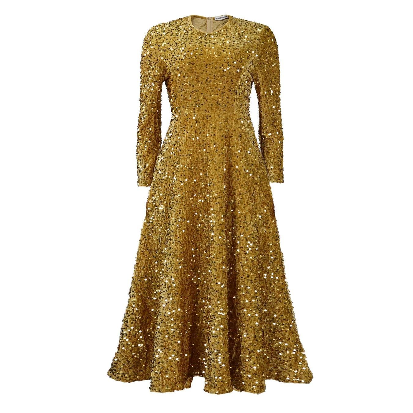 IHUASU Spring Autumn Women's Round Neck Long Sleeve Solid Color Sequin High Waist Style Long High Waist Dress L champagne