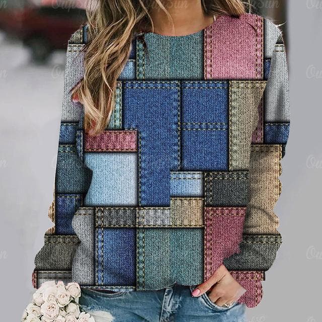 Vintage Women's T-Shirt Autumn O Neck Sweater T Shirt for Women 3D Plaid Printed Clothes Imitation Cotton Long Sleeve Pullover L