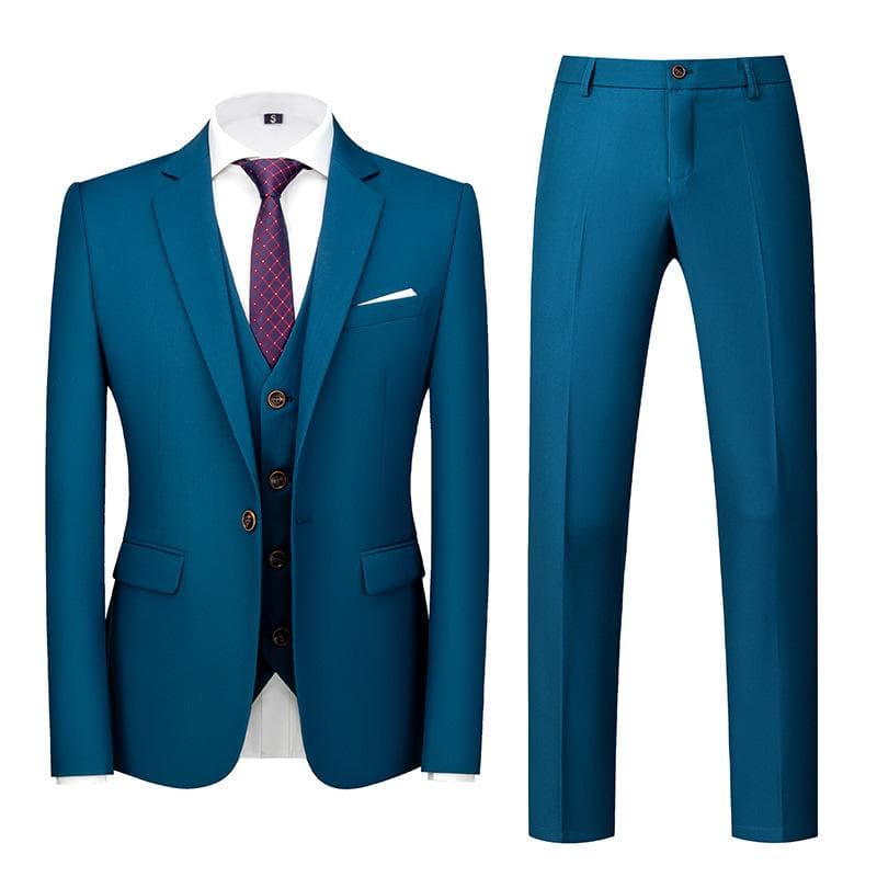 Formal Suit 3 Piece Set Suit for Men's Business Office Wedding Party Suit Blazer+Pant+Vest XXL lake blue