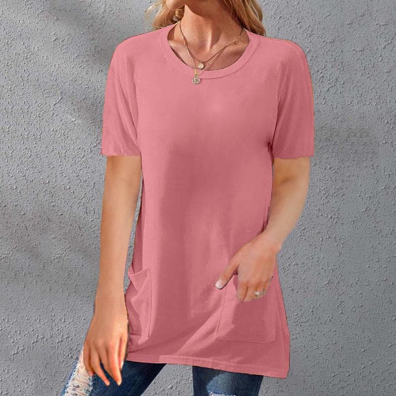 Summer Women's T-shirt Solid Color Tops Short Sleeve Loose Crew Neck Pocket T-shirt 2XL pink
