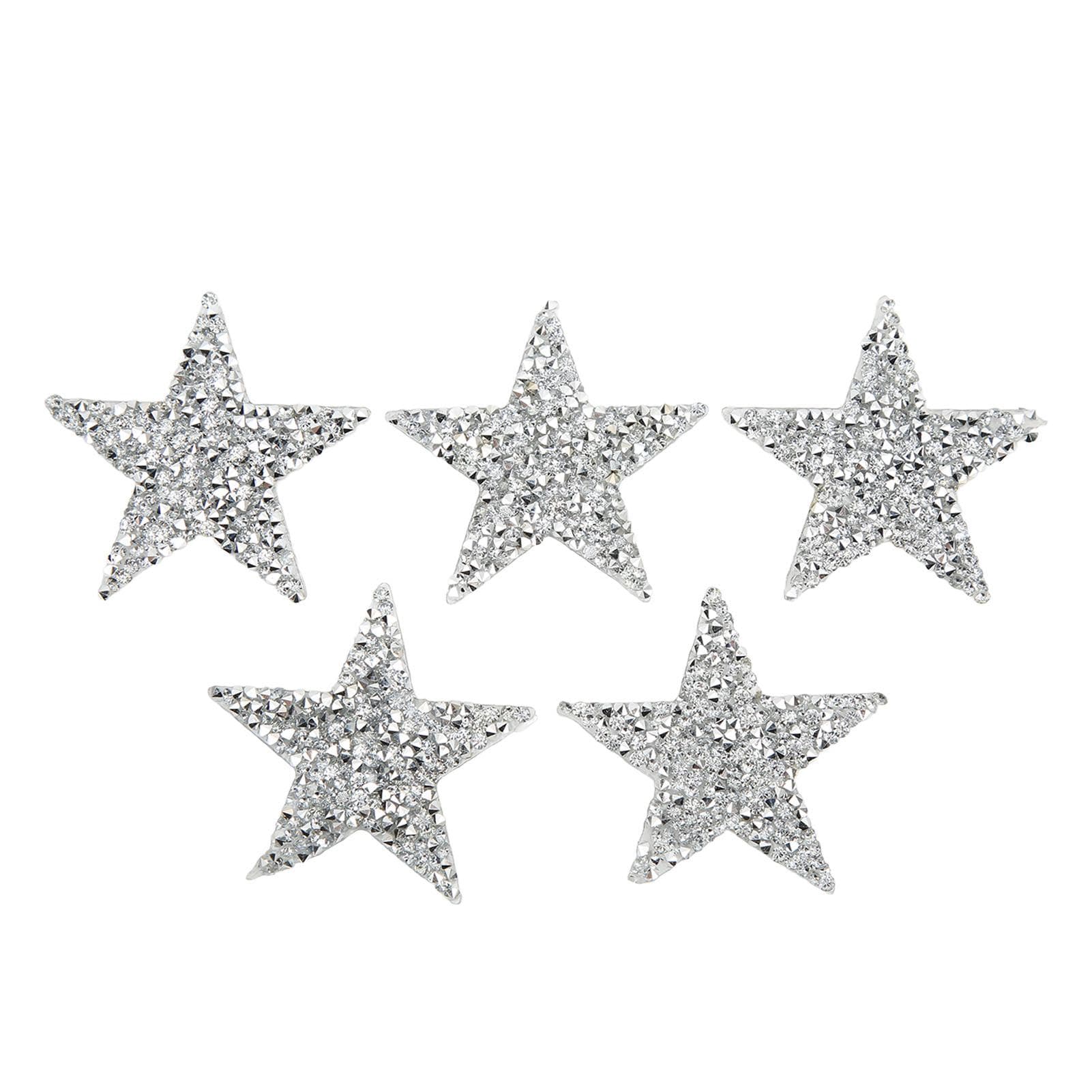5 Pcs Star Iron On Patches 6cm Silver Resin Shiny Rhinestone Five Pointed Star Hot Melt Adhesive