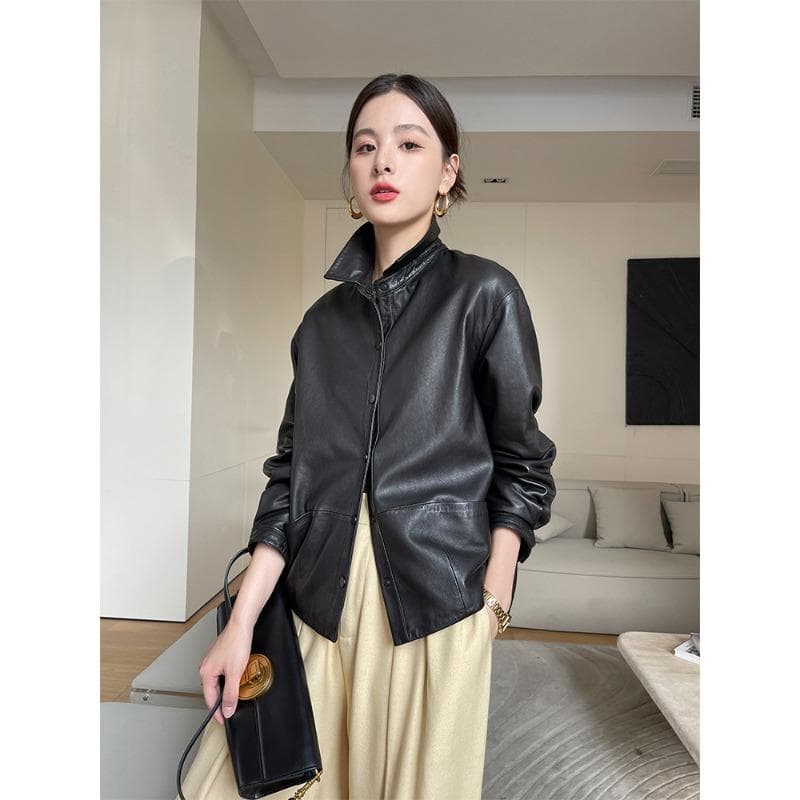 Spring and Autumn New Genuine Leather Vegetable Tanned Sheepskin Women's Shirt Collar Short Casual Simple Leather Jacket Jacket 2XL black