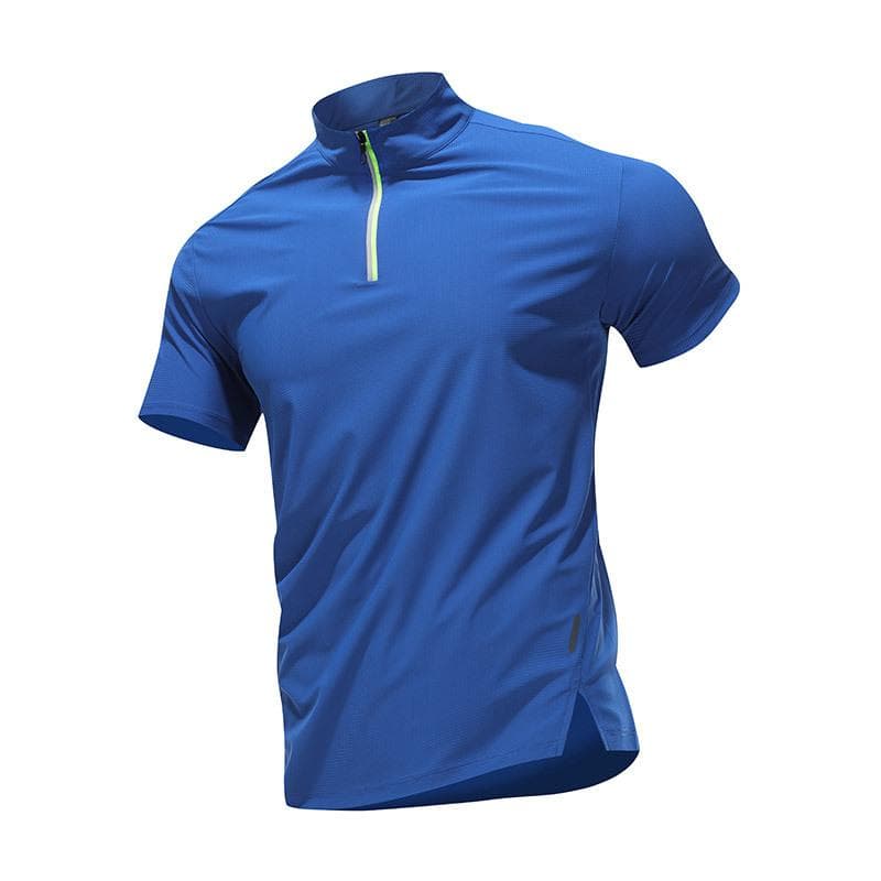 Zipper T-shirt Men's Short Sleeved Ice Silk Quick Drying Clothes Running Fitness Stretch Breathable Casual Sports Stand Up Collar T-shirt XXL blue