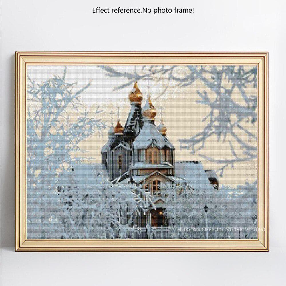 Diamond Embroidery Winter Church Full Round Landscape Diamond Painting Snow Mosaic Rhinestone 20X30CM