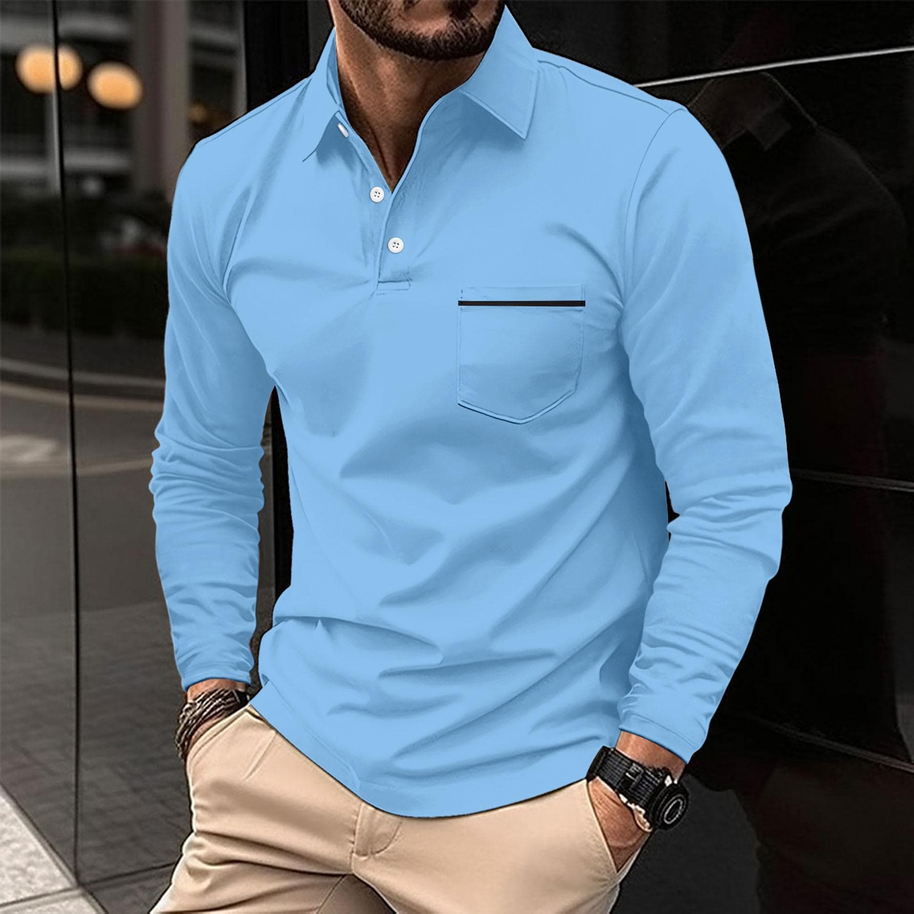 Spring Autumn Man Long Sleeve POLO Shirt Lapel Button Pocket Men's Sports Polos Shirts XXL