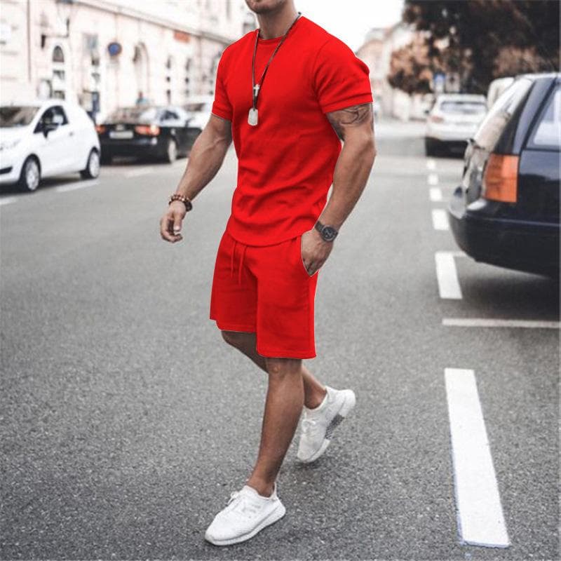 New men's summer street men's short-sleeved shorts two-piece men's casual sports large size suit men XXXL red