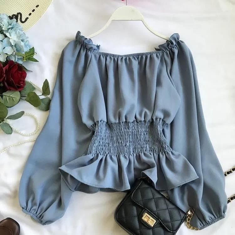 Chiffon Blouse Off-shoulder Long-sleeved Shirt Korean Waist Slimming Load Blouses Short Bottom-up Tshirt Women Puff Sleeve Top S blue