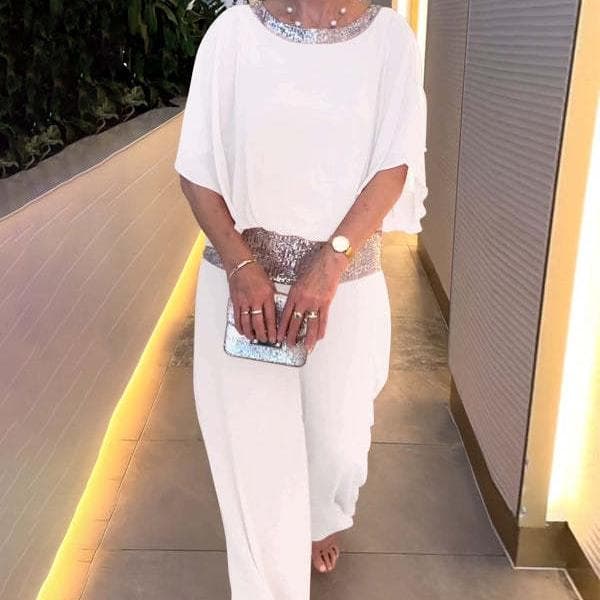 GMXIA Women's Fashion Solid Color Print Short Sleeve Sequin Color Shirt with Wide Legs Trousers Pants Suits S white